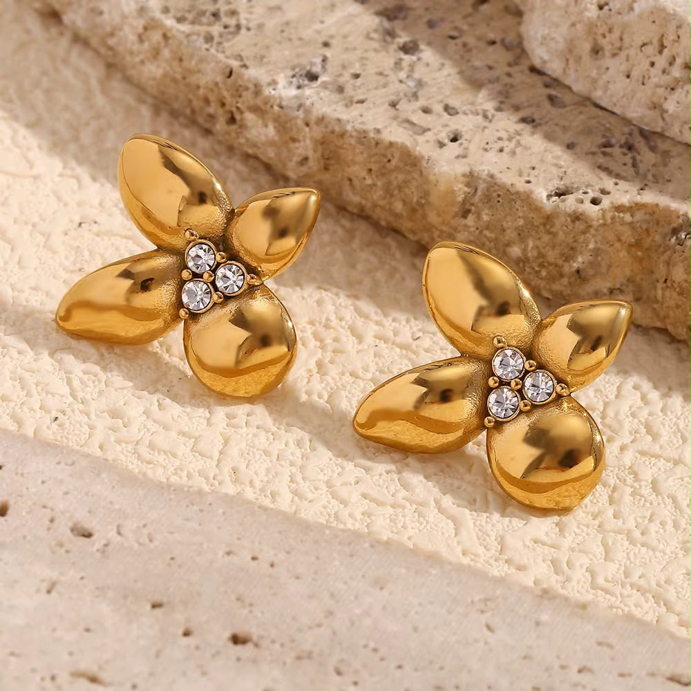Gold Four-Leaf Flower Earrings - Zavyra Jewels