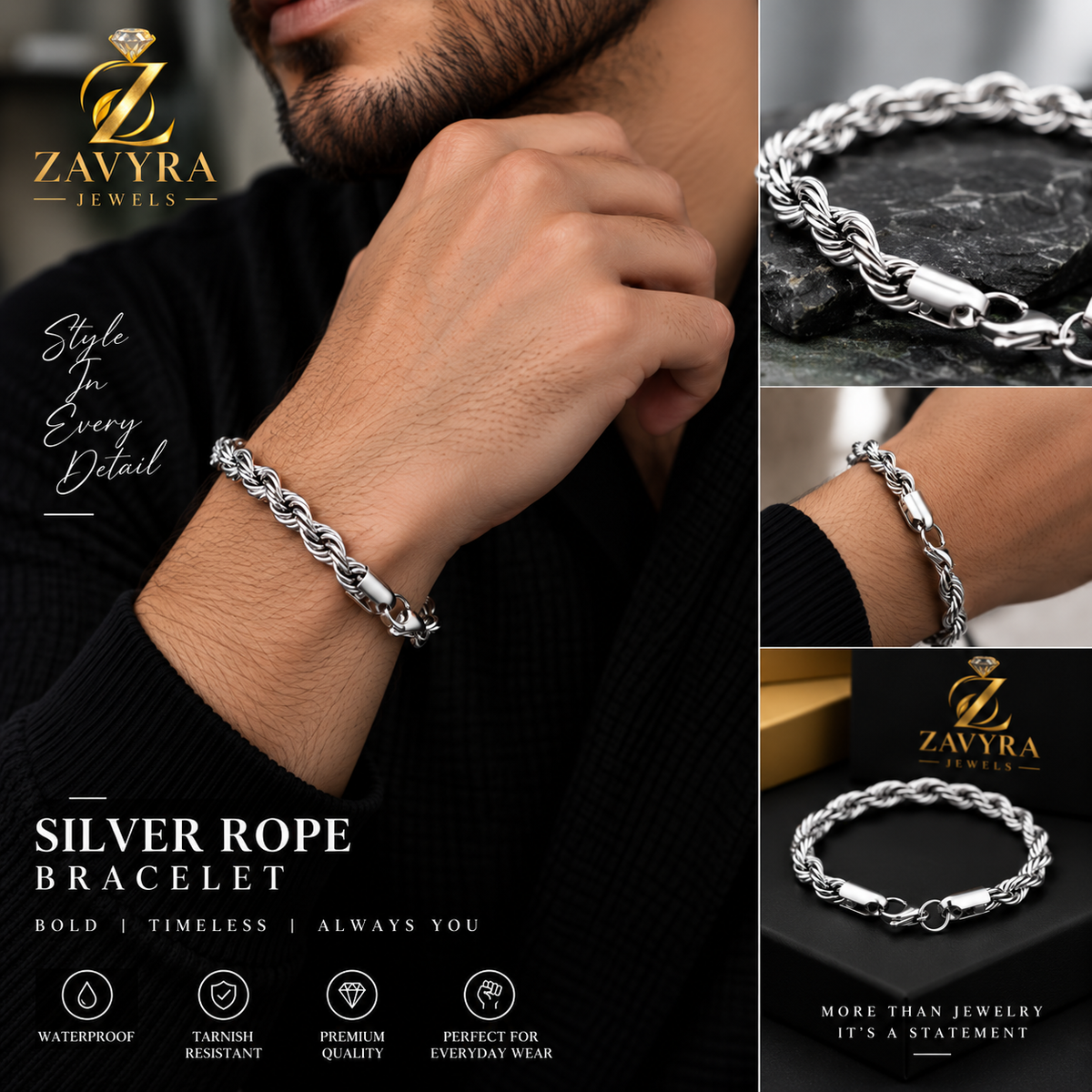 Silver Rope Bracelet - Zavyra Jewels
