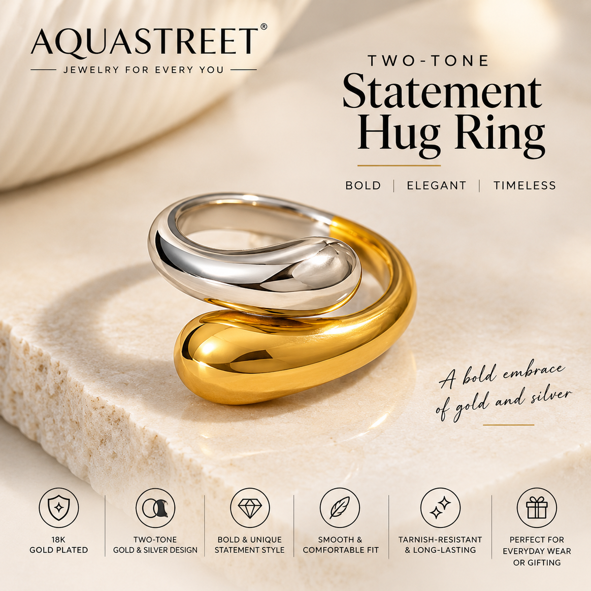 Two-Tone Statement Hug Ring - Zavyra Jewels (4)