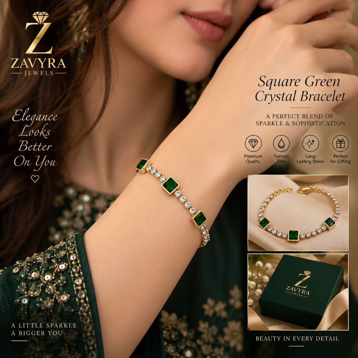 Square Green Crystal Bracelet - Zavyra Jewels