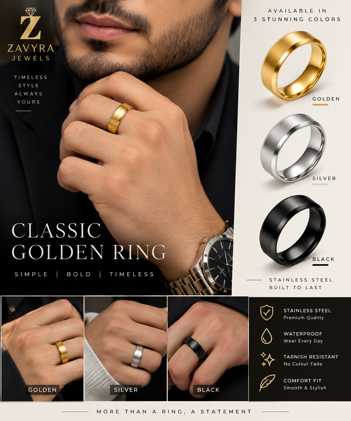 Classic Luxe Stainless Steel Ring - Zavyra Jewels