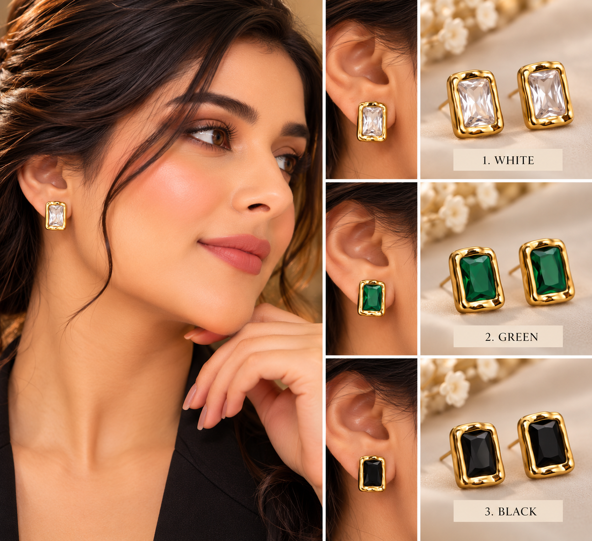 Luxe Emerald, Black & White Stud Earrings